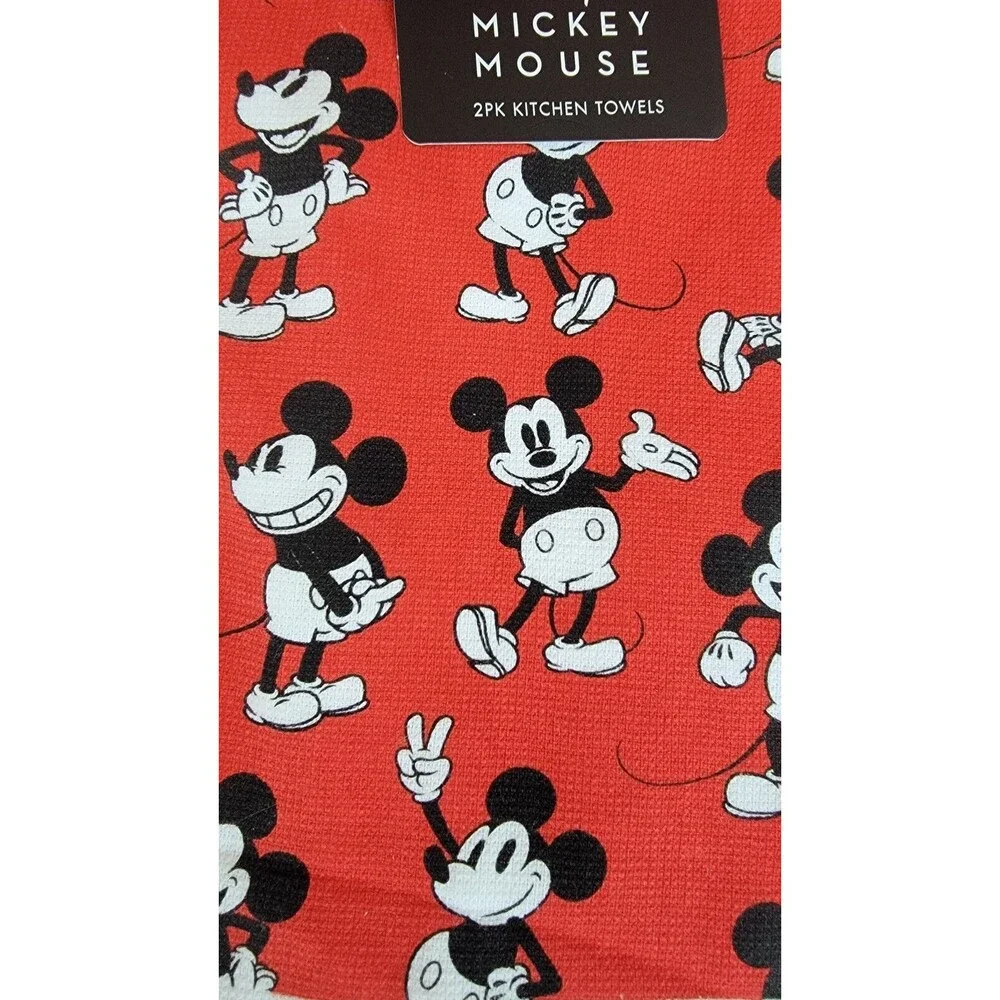 Disney Mickey Mouse 2 Pack Kitchen Towels 16x26 100% Cotton Red